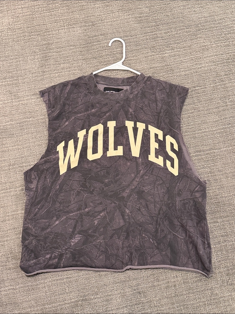 Darc Sport Gray Camouflage Sleeveless Tee with Cream WOLVES Print